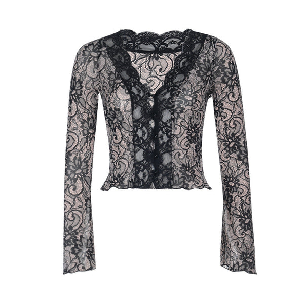 Lace hem long sleeve v neck button top