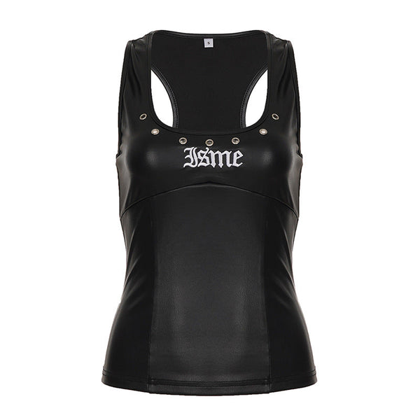 PU leather letter embroidery u neck tank top