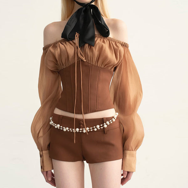 Puff sleeve off shoulder corset self tie top