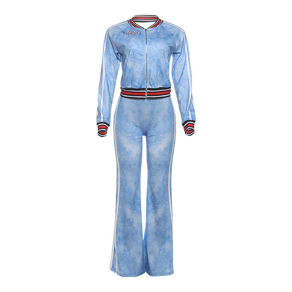 Zip-up long sleeve pocket "22" pattern pant set