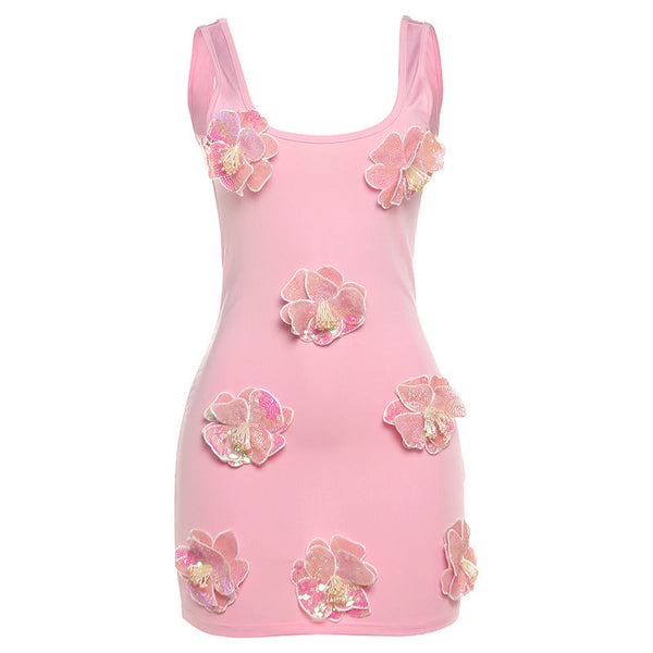 Glitter flower applique u neck tank mini dress