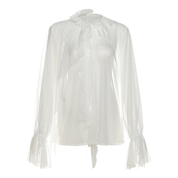 See through long sleeve ruffle crewneck top