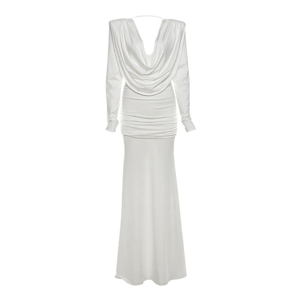 Long sleeve cowl neck ruched solid maxi dress