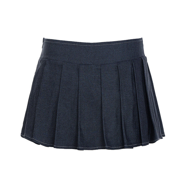Pleated denim A line zip-up mini skirt