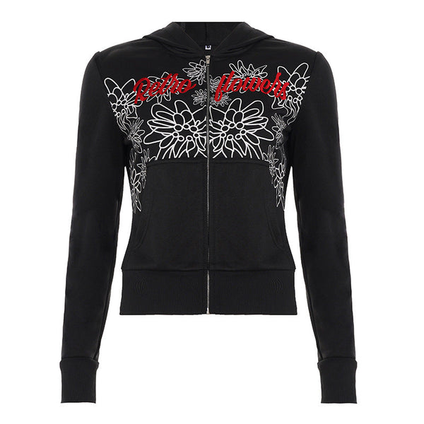 Long sleeve zip-up hoodie letter embroidery top