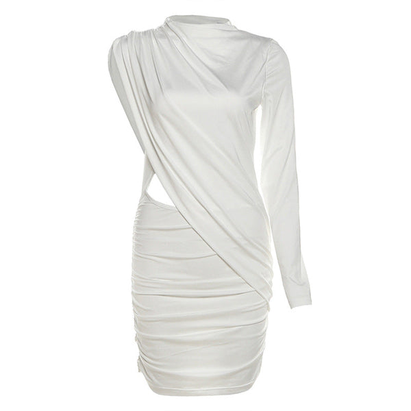 Irregular long sleeve ruched solid mini dress