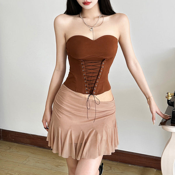 Ruffle mesh ruched mini skirt