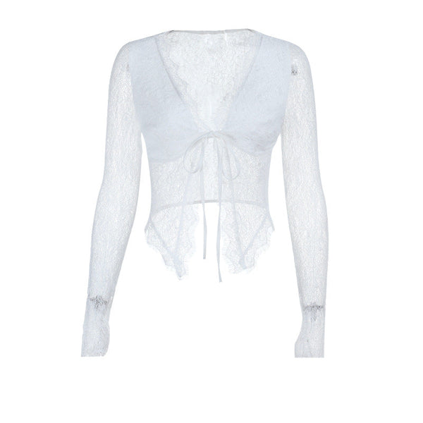 Long sleeve lace v neck self tie crop top