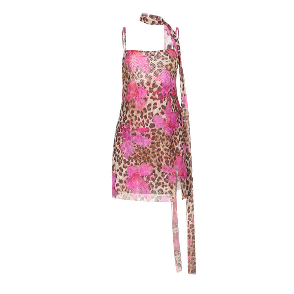 Leopard print mesh square neck cami mini dress