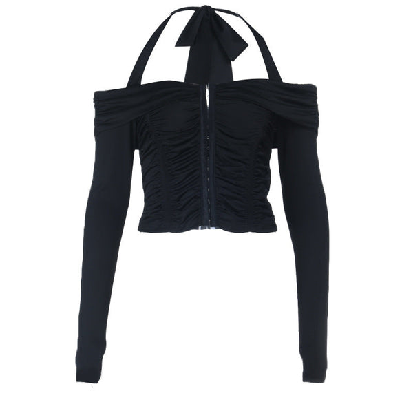 Halter self tie off shoulder button ruched top