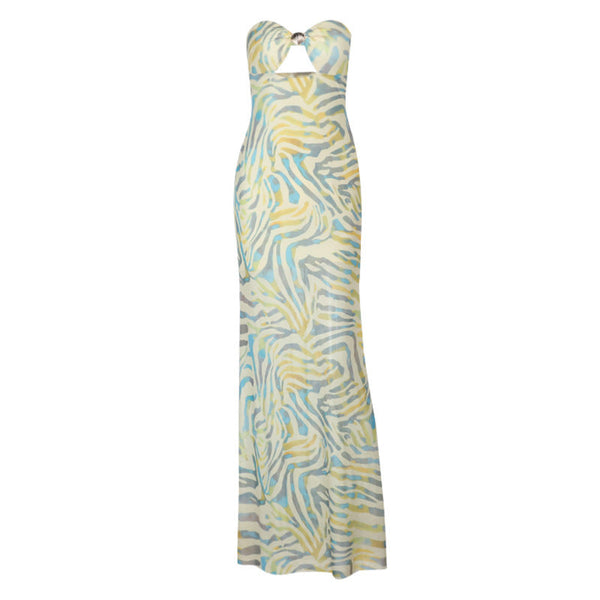 Ripple print hollow out mesh tube maxi dress