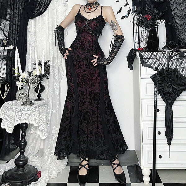 Lace hem v neck tassels print cami maxi dress