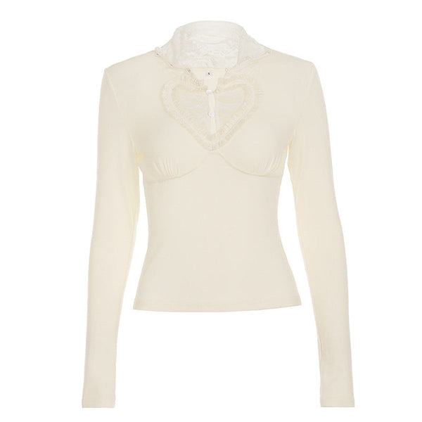 High neck long sleeve button sweetheart pattern top