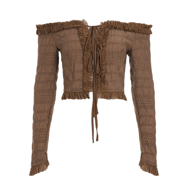 Ruffle off shoulder long sleeve self tie crop top