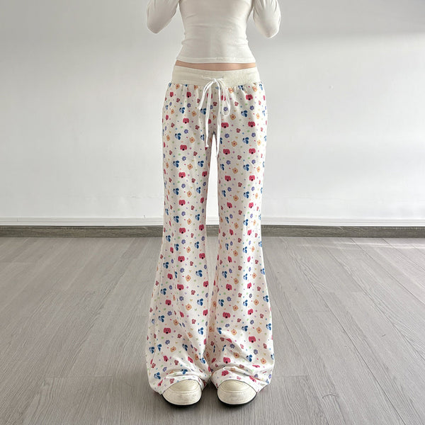 Drawstring print contrast low rise wide leg pant