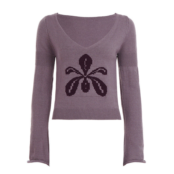 Knitted long sleeve v neck flower pattern top