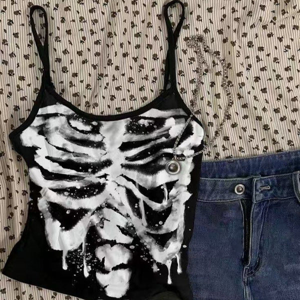 U neck skeleton print backless cami top