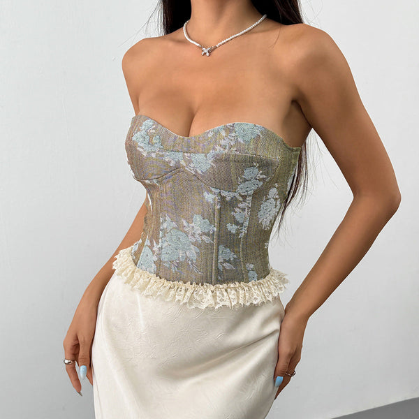 Lace up corset print lace hem tube top