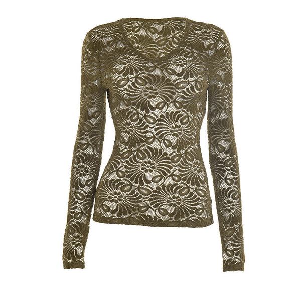 Long sleeve v neck lace see through top