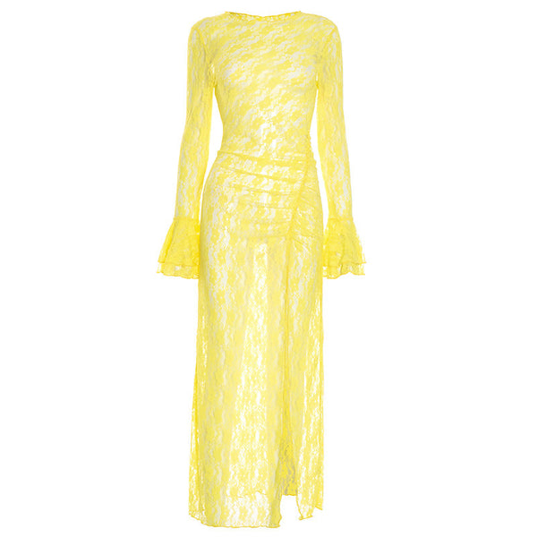 Long flared sleeve lace crewneck slit maxi dress