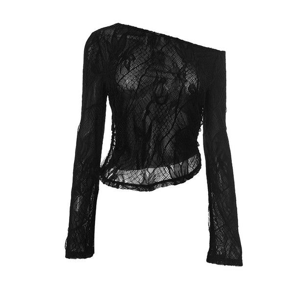 Long sleeve lace irregular see through top