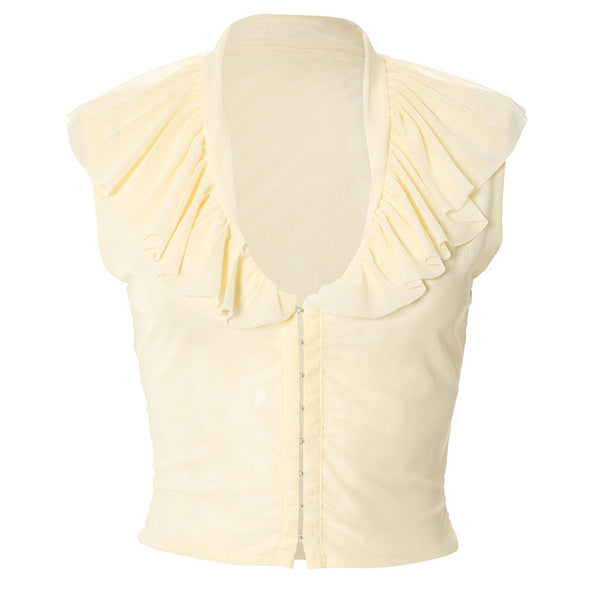 Ruched v neck mesh button solid top