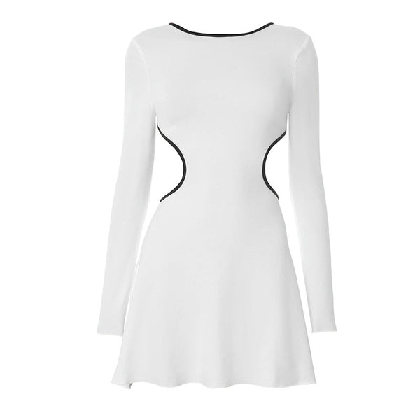 Long sleeve crewneck contrast backless mini dress