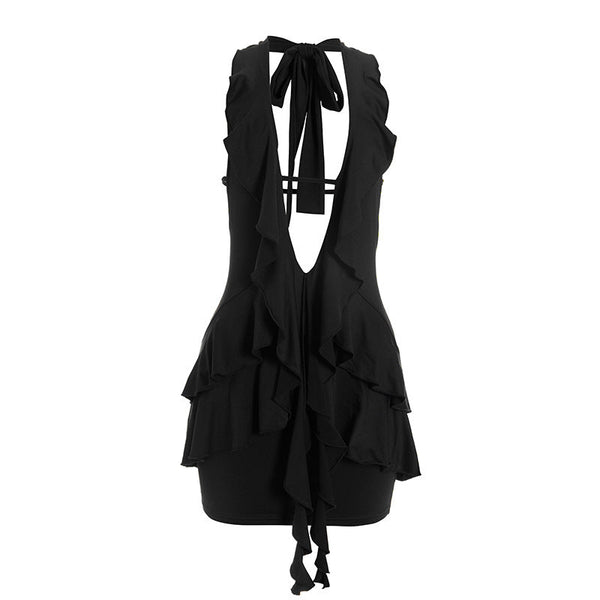 Halter self tie ruched deep v neck ruffle mini dress