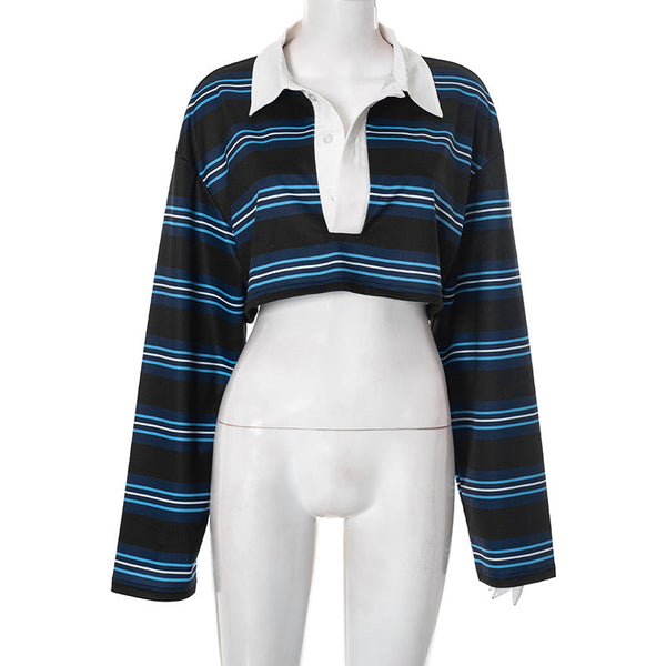 Long sleeve turnover collar button striped crop top