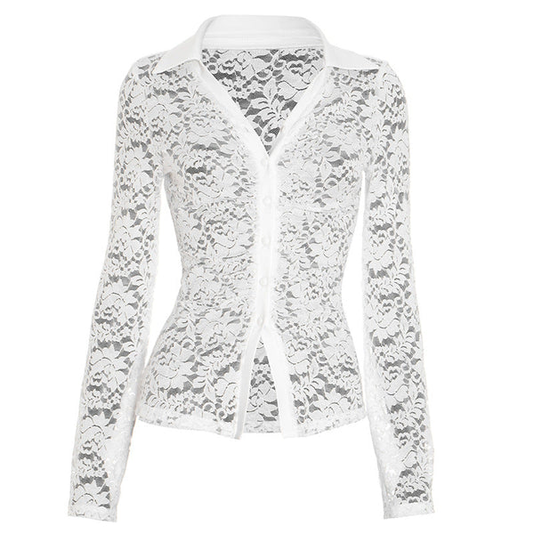 Turnover collar long sleeve lace hem button top