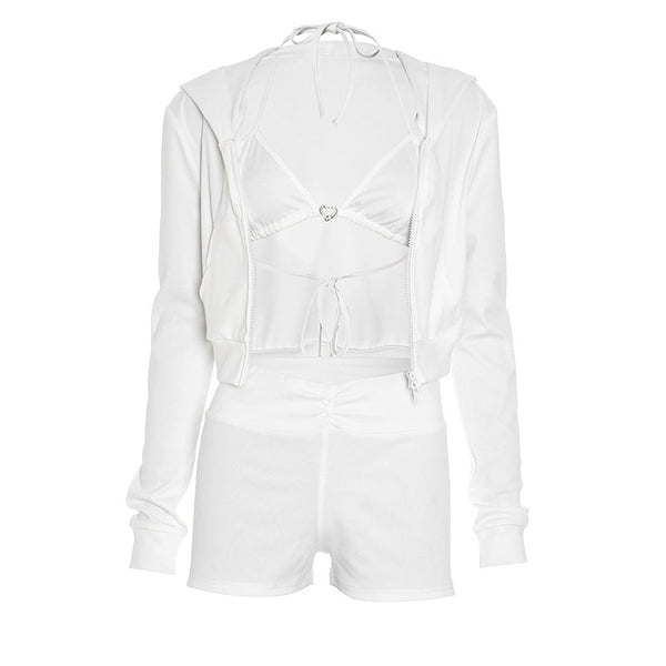 Long sleeve zip-up hoodie self tie halter pant set