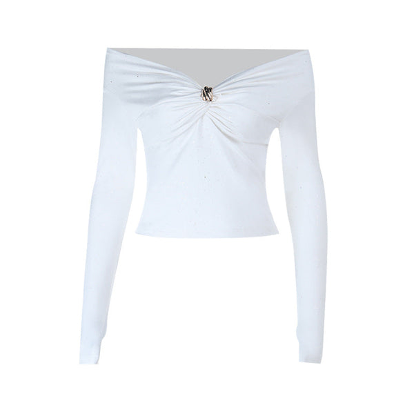 Off shoulder glitter long sleeve ruched top