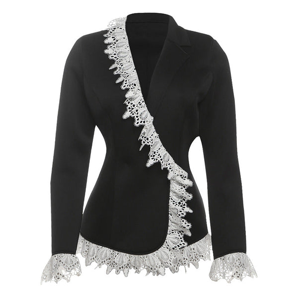 Long sleeve turnover collar lace hem button top