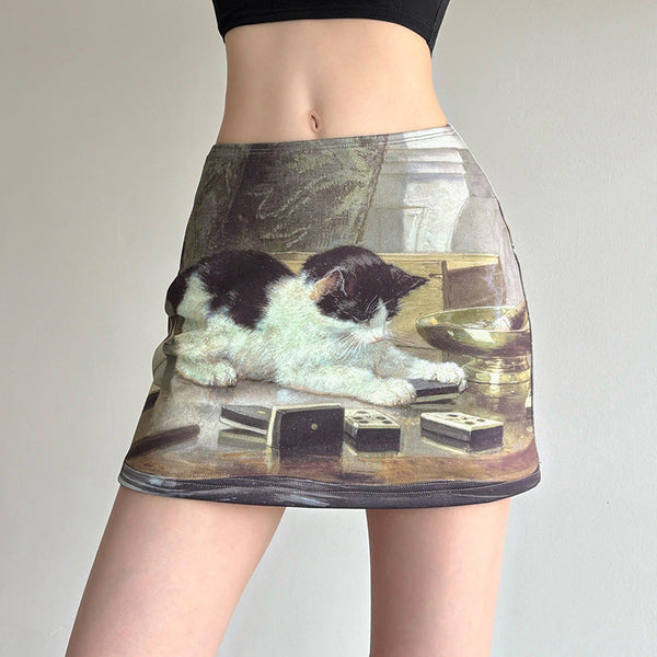 Contrast kitty print mini skirt