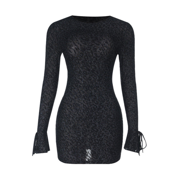 Long sleeve backless glitter crewneck button mini dress