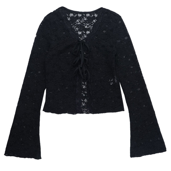 Long sleeve self tie lace crop top