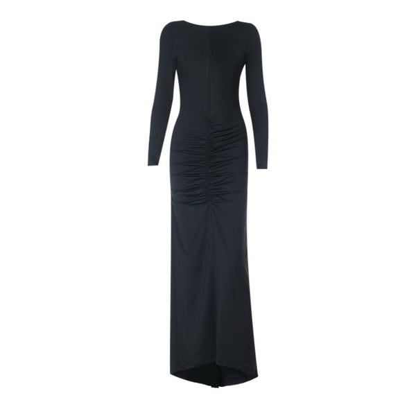 Backless long sleeve ruched maxi dress