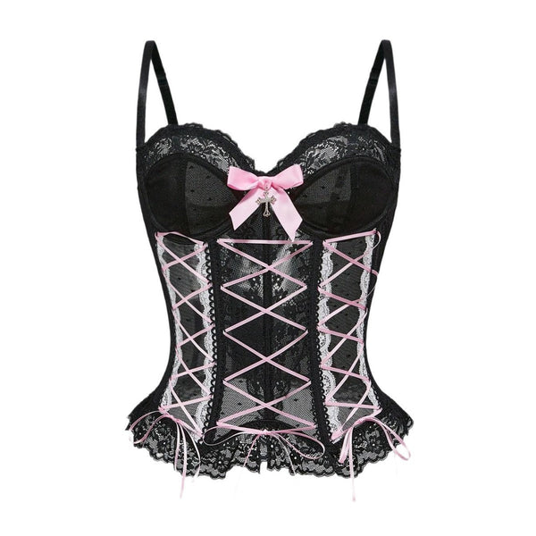 Bowknot button corset lace hem cami top