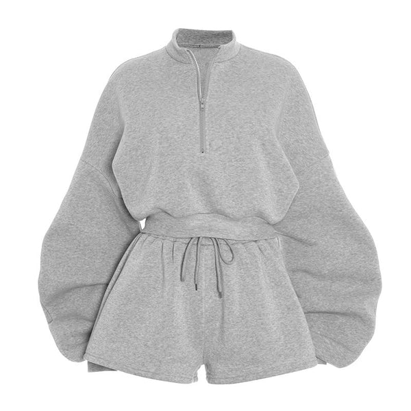 Long sleeve zip-up drawstring short pant set