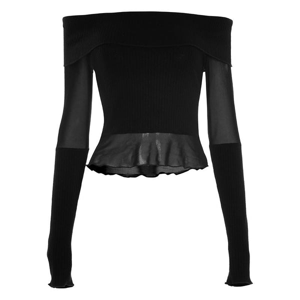 Long sleeve off shoulder ruffle mesh patchwork top