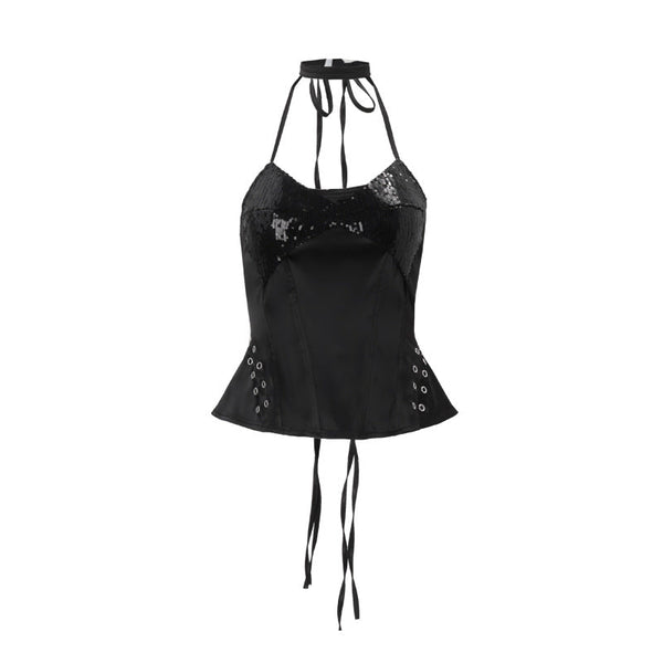 Halter glitter lace up self tie top