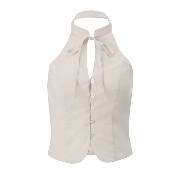 Halter smocked button backless top