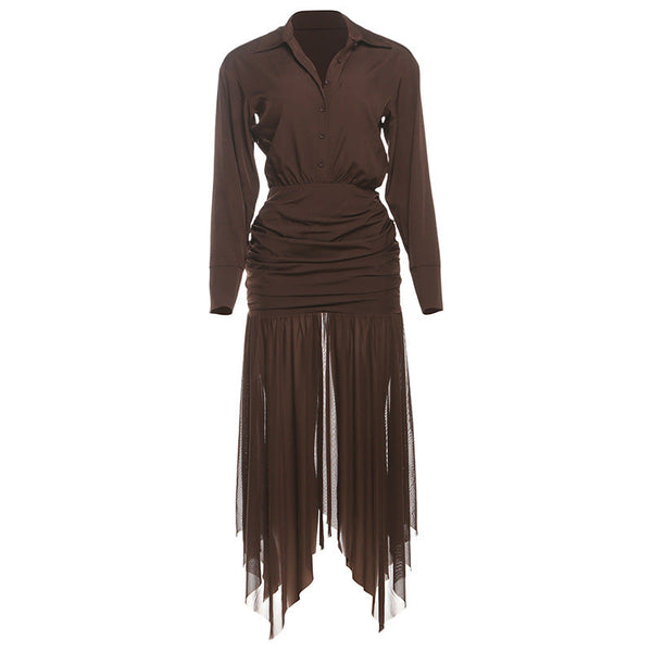 Turnover collar long sleeve ruched mesh maxi dress