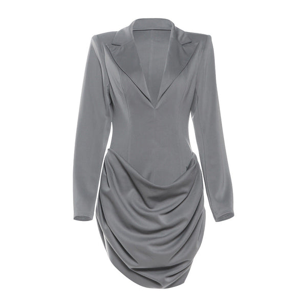 Turnover collar v neck long sleeve ruched mini dress