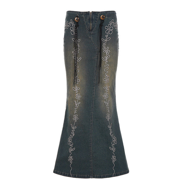 Denim embroidery zip-up slit maxi skirt