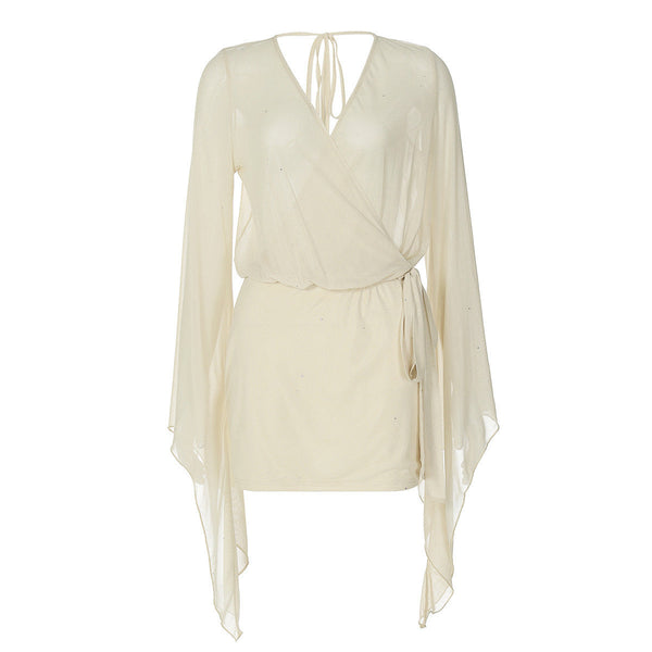 Long sleeve v neck backless mesh self tie mini dress