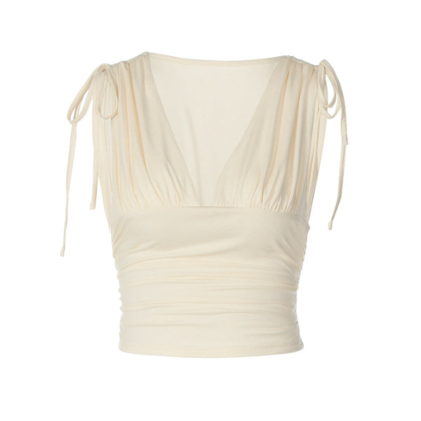 V neck ruched drawstring crop top