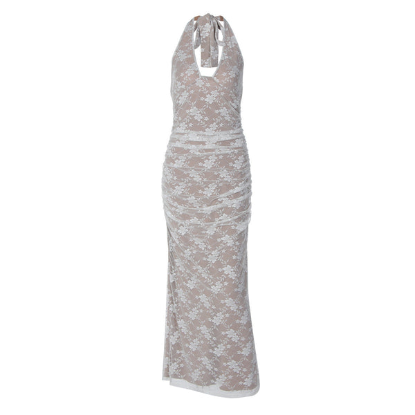 V neck halter self tie slit backless maxi dress