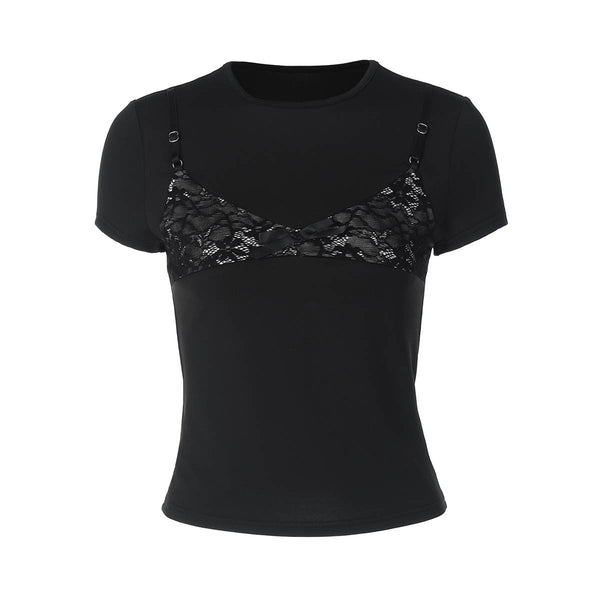 Short sleeve crewneck lace patchwork top