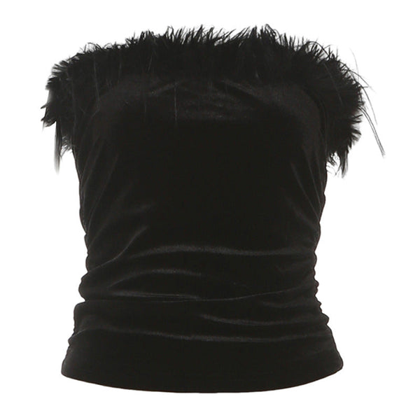 Ruched fluffy zip-up backless tube top
